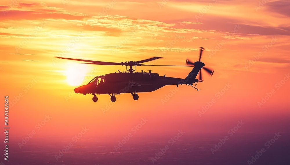 Apache attack helicopter soaring through a vibrant sunset sky a stunning aerial photography capture Apache attack helicopter soaring through a vibrant sunset sky a stunning aerial photography capture