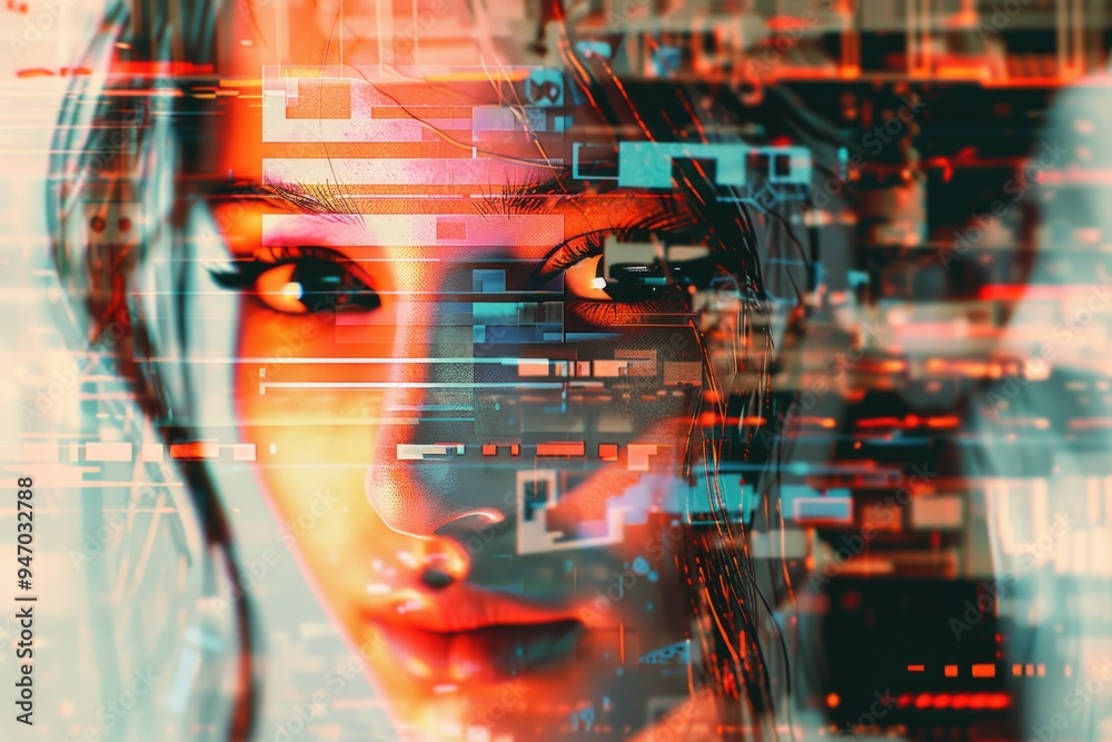 Fototapeta premium Close-up of a woman's face with a cityscape visible behind her