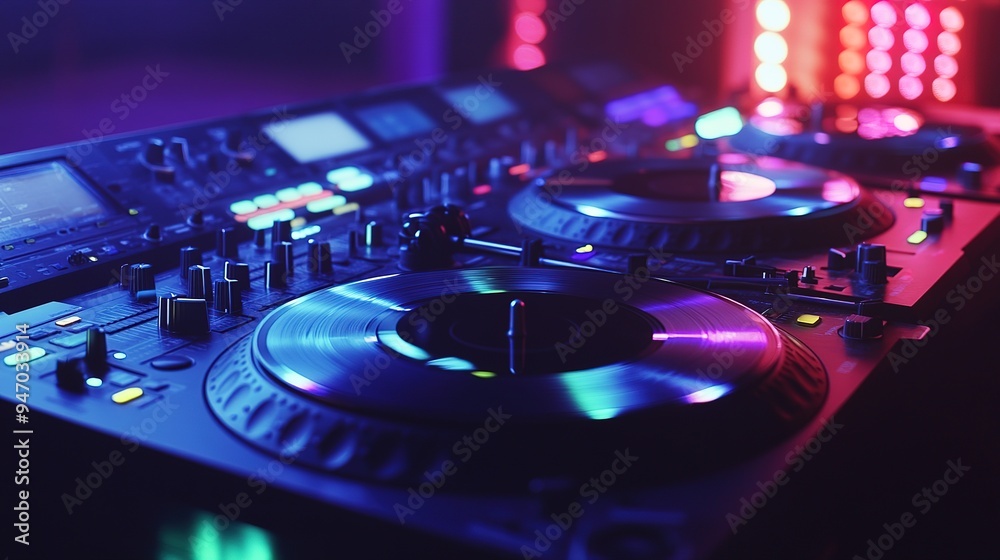 Obraz premium DJ turntables with vinyl records spinning, surrounded by colorful LED lights and a mixing console