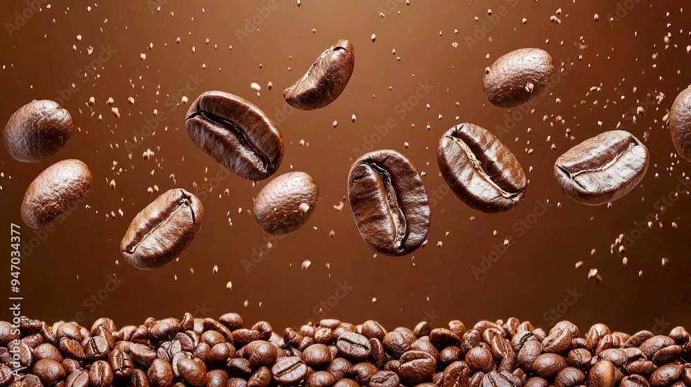 Coffee Beans Falling on a Pile of Roasted Beans Coffee Beans Falling on a Pile of Roasted Beans
