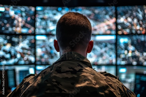 Military surveillance officer tracking operations in cyber control hub for national security photo