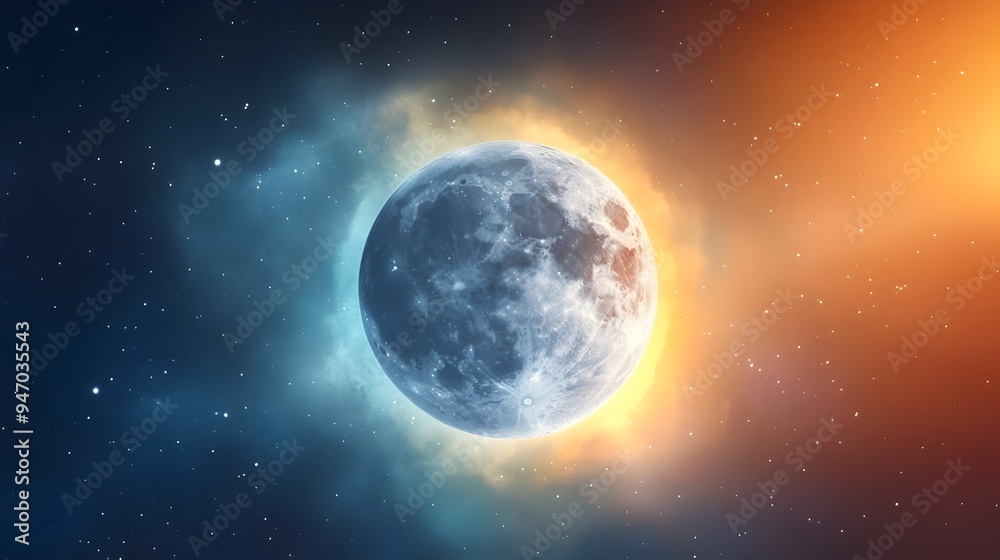 Fototapeta premium Glowing Celestial Orb A Conceptual Painting of the Moon Surrounded by a Mesmerizing Color Shifting Aura Evoking a Sense of Tranquility and Wonder in the Cosmos