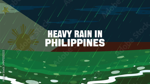 Heavy rain in Philippines banner, rainy day and winter concept, cold weather in Philippines, flood and precipitation, flag with sea waves and raindrops, hurricane disaster or storm idea
