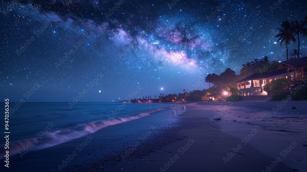 A stunning night view of starry sky over beach with palm trees, sea, dark blue sky full of stars, bright Milky Way. Calm water reflects sky, sandy shore, serene beauty. A stunning night view of starry sky over beach with palm trees, sea, dark blue sky full of stars, bright Milky Way. Calm water reflects sky, sandy shore, serene beauty.