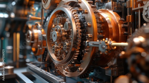 Close-up of intricate metallic gears and machinery