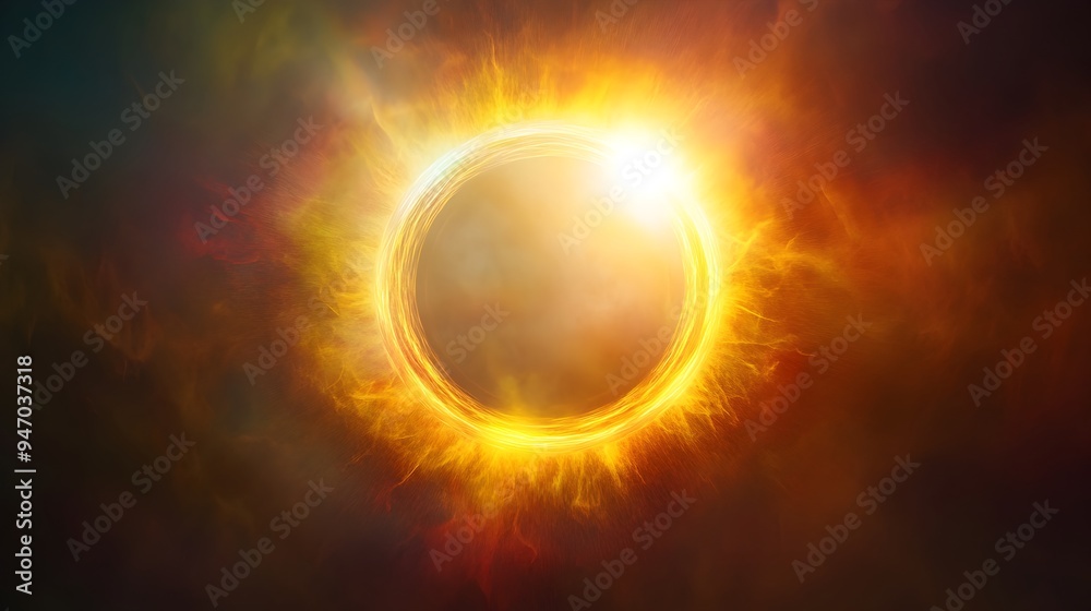 Conceptual image of a glowing solar halo surrounded by a luminous aura of light The colors gradually transition from warm yellow to vibrant orange Conceptual image of a glowing solar halo surrounded by a luminous aura of light The colors gradually transition from warm yellow to vibrant orange