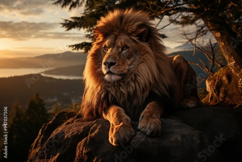 A stunning image of a lion standing on a rocky perch in the mountains at sunset, its golden mane flowing in the wind against a mesmerizing backdrop.