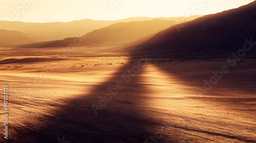 A conceptual image of the sun casting long dramatic shadows across a serene desert landscape creating sharp contrasts and a moody atmospheric vibe with ample copy space photo