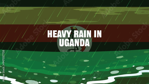 Heavy rain in Uganda banner, rainy day and winter concept, cold weather in Uganda, flood and precipitation, flag with sea waves and raindrops, hurricane disaster or storm idea
