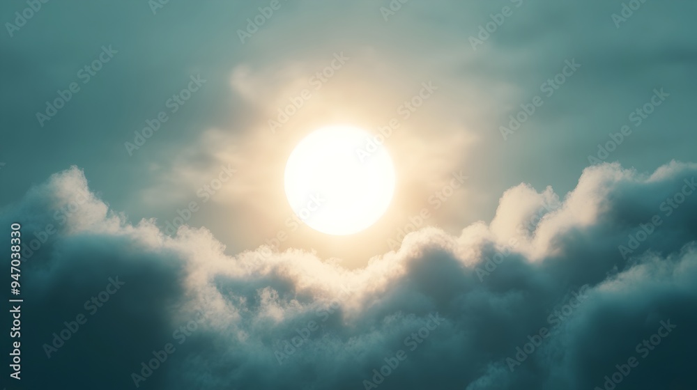 A conceptual image of the sun gradually being obscured by clouds with only faint light peeking through creating a moody and serene atmospheric scene A conceptual image of the sun gradually being obscured by clouds with only faint light peeking through creating a moody and serene atmospheric scene