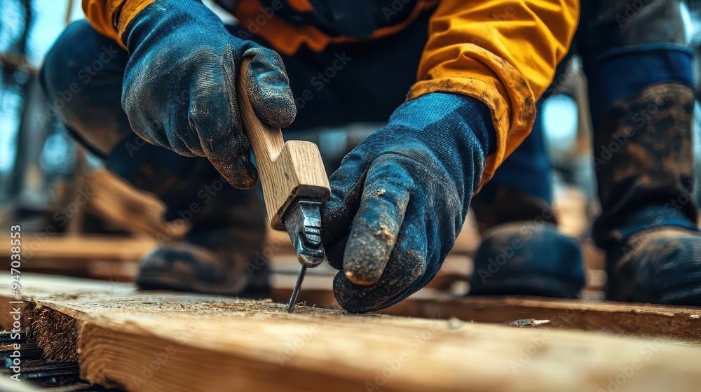 Construction worker with a hammer nailing wood on a building site Construction worker with a hammer nailing wood on a building site