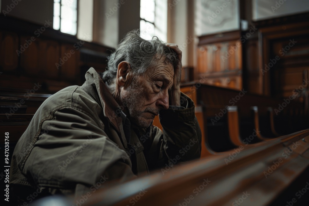 A person sitting in a church with their head in their hands, possibly seeking comfort or guidance A person sitting in a church with their head in their hands, possibly seeking comfort or guidance