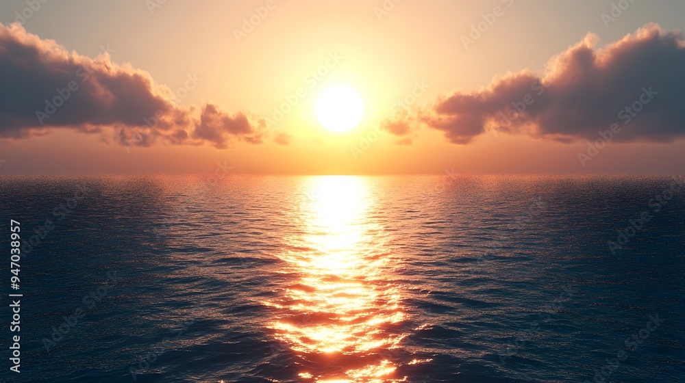 Obraz premium Breathtaking sunset over the vast shimmering ocean creates a serene and ethereal landscape with the light reflecting off the gently lapping waves and casting a warm glowing hue across the horizon