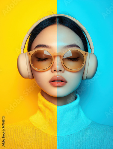 A high-end, super realistic advertising-grade photograph of a beautiful Asian girl wearing beige headphones and stylish sunglasses. She is shown in a frontal view with her eyes closed. The image is di