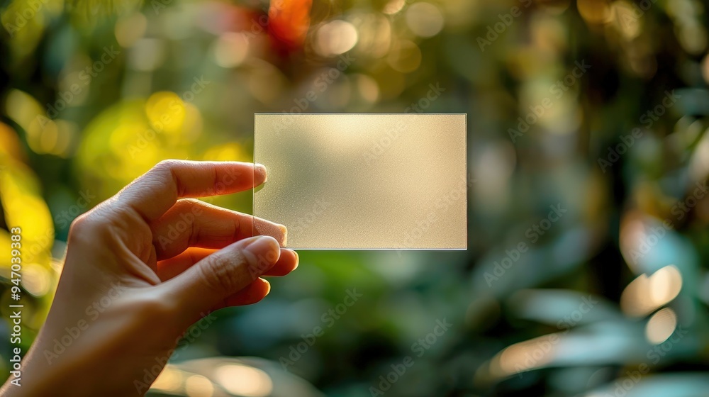 Hand Holding Frosted Glass Square Against Bokeh Background Hand Holding Frosted Glass Square Against Bokeh Background