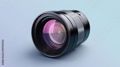 Black Camera Lens with Purple Coating Isolated on Light Blue Background