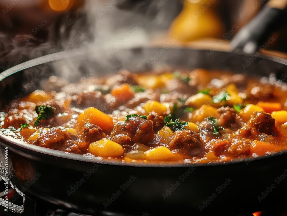Dutch oven with stew cooking slowly, with aromas filling the kitchen Dutch oven with stew cooking slowly, with aromas filling the kitchen