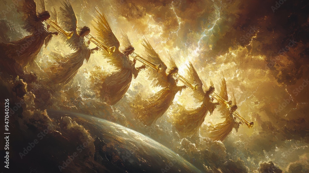 Create a powerful and symbolic image featuring seven angels, each holding and blowing a trumpet
