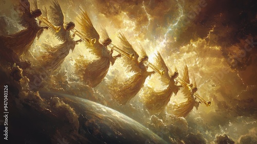 Obraz na płótnie Create a powerful and symbolic image featuring seven angels, each holding and blowing a trumpet w salonie