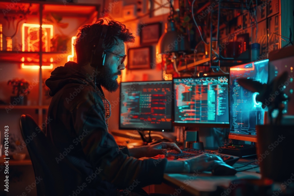 A person sitting at a desk with two computer monitors and typing away A person sitting at a desk with two computer monitors and typing away
