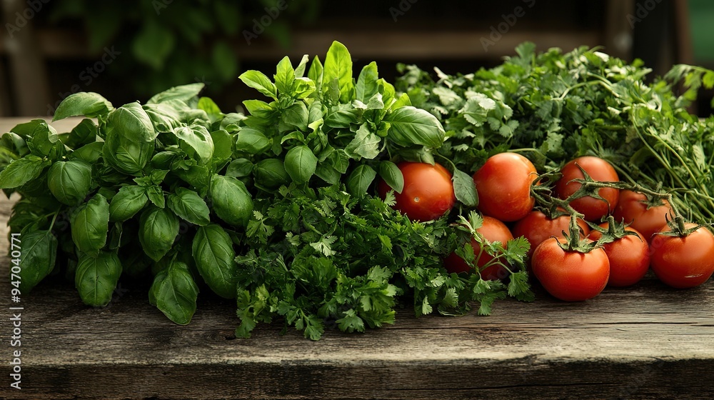 Freshly picked herbs and vegetables from a garden, including basil, cilantro, and tomatoes, displayed on a rustic wooden table --ar 16:9 --v 6.1 Job ID: d3a3cb25-e76e-4266-b9b3-56240cc434c9 Freshly picked herbs and vegetables from a garden, including basil, cilantro, and tomatoes, displayed on a rustic wooden table --ar 16:9 --v 6.1 Job ID: d3a3cb25-e76e-4266-b9b3-56240cc434c9