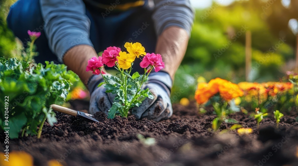 Gardener planting flowers in a vibrant garden, with soil and tools nearby Gardener planting flowers in a vibrant garden, with soil and tools nearby