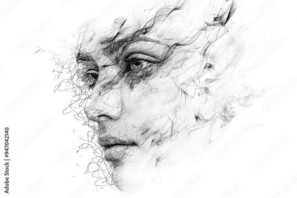 Fototapeta premium A black and white drawing of a woman's face with details on her features