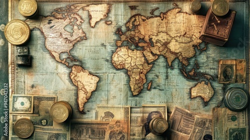 Vintage World Map Surrounded by Old Coins, Bills, and a Wooden Box photo