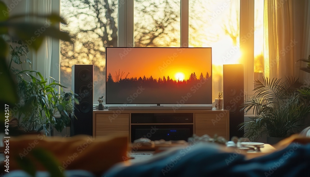 Home theater system in a cozy living room, set up for an immersive experience Home theater system in a cozy living room, set up for an immersive experience