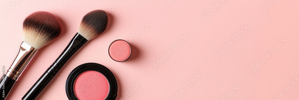 A collection of lipstick, makeup brushes, and powder arranged neatly on a light background, perfect for a beauty setup. Generative AI A collection of lipstick, makeup brushes, and powder arranged neatly on a light background, perfect for a beauty setup. Generative AI