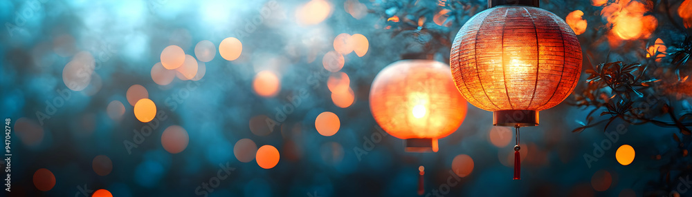 Obraz premium Vibrant Lantern Display in Glowing Abstract: Mid Autumn Festival Lights with Dynamic Patterns and Colors - Wide Shot Photography for Photo Stock Concept
