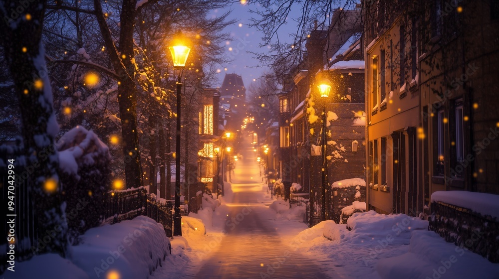 Charming winter evening stroll in a snow-covered neighborhood illuminated by street lamps Charming winter evening stroll in a snow-covered neighborhood illuminated by street lamps
