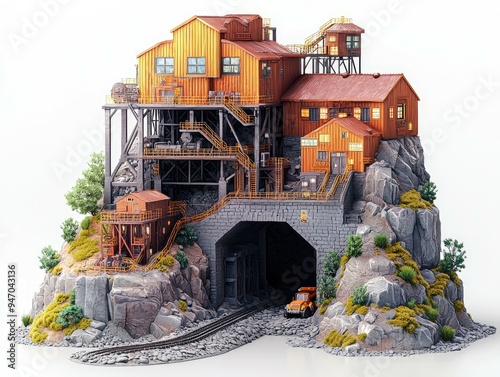 Miniature Model of a Mountainside Mine with a Tunnel and a Truck photo