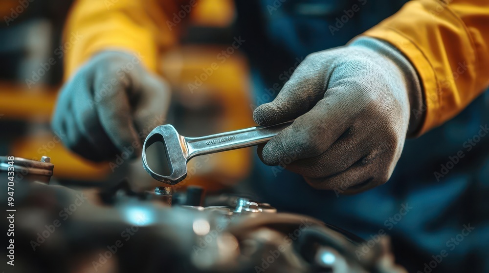 Mechanic holding a wrench while working on a car engine