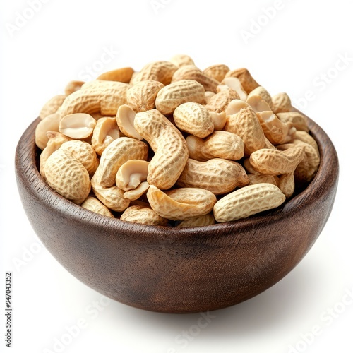 close up of Peanut flips, in a wooden bowl isolated on white background photo