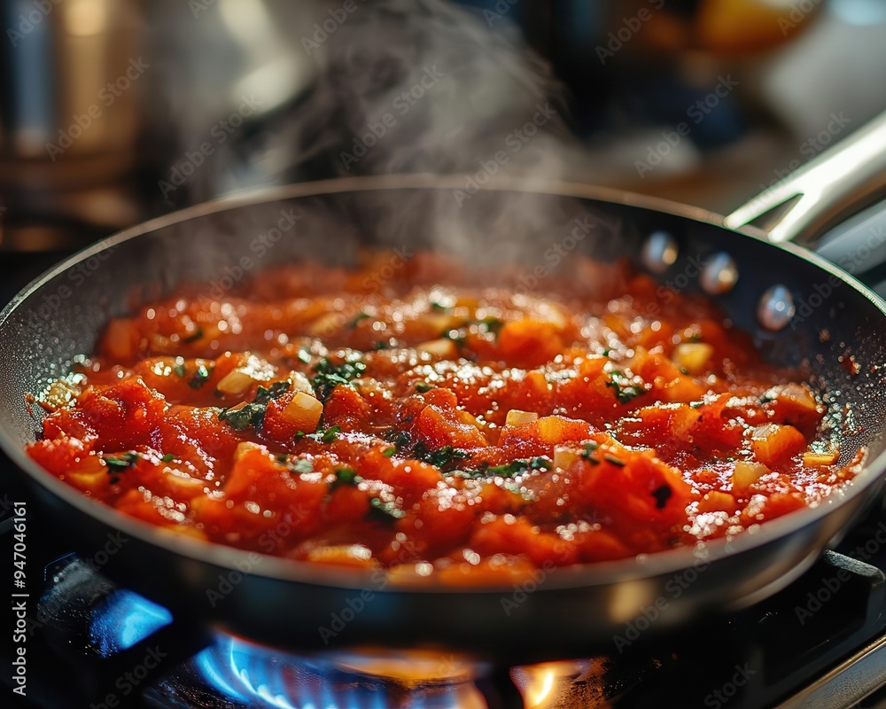 Saucepan with sauce bubbling on a stove, with focus on flavor Saucepan with sauce bubbling on a stove, with focus on flavor
