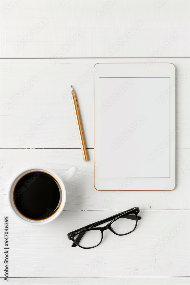 A white tablet sits on a wooden table next to a cup of coffee and a pen A white tablet sits on a wooden table next to a cup of coffee and a pen