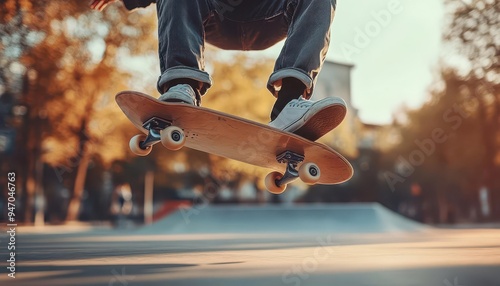 Skater performing a trick at a skate park, midair with a dynamic pose