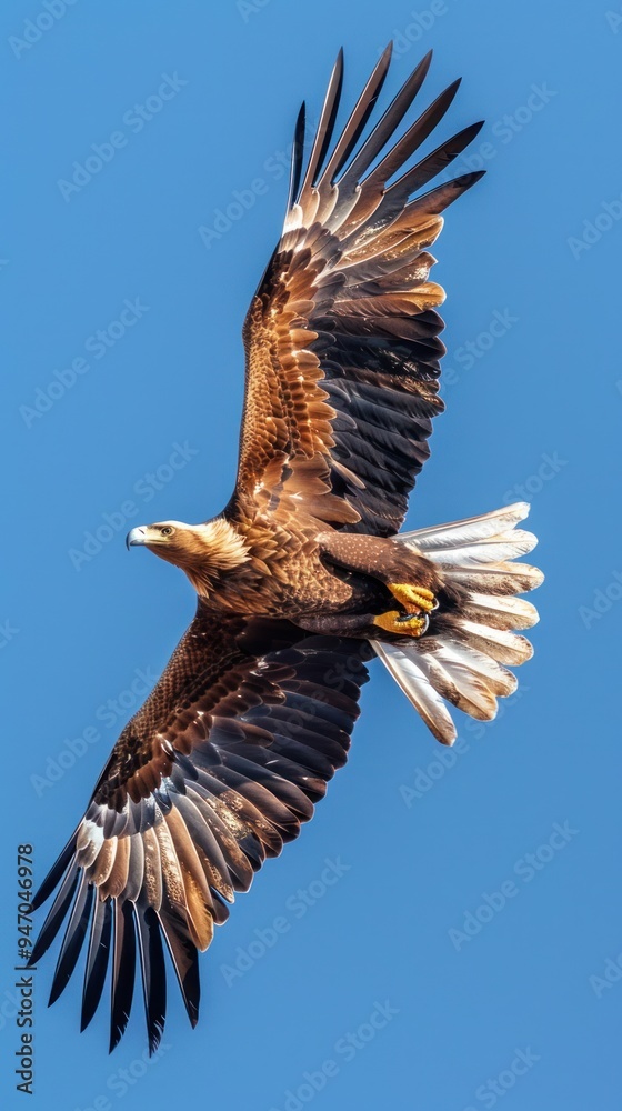 Obraz premium Golden Eagle Soaring Against Blue Sky.