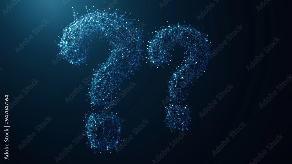 Abstract digital Question mark. Futuristic low poly wireframe Ask symbol. Support, Help, and Problem symbols on blue technology background. Polygonal illustration consist of lines and connected dots. Abstract digital Question mark. Futuristic low poly wireframe Ask symbol. Support, Help, and Problem symbols on blue technology background. Polygonal illustration consist of lines and connected dots.