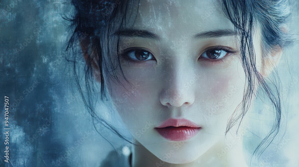 Close-up Portrait of a Woman with Soft Makeup and Blue Background Close-up Portrait of a Woman with Soft Makeup and Blue Background