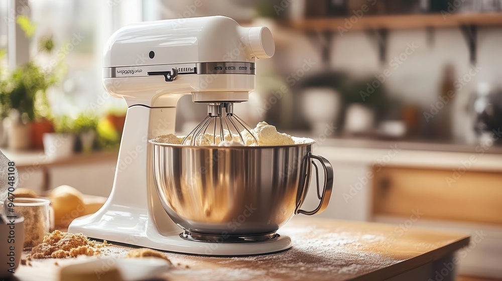 Stand mixer with attachments on a counter, mixing ingredients for baking Stand mixer with attachments on a counter, mixing ingredients for baking
