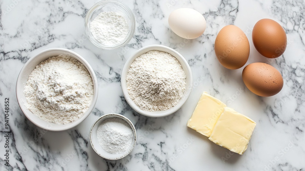 Ingredients for a baking recipe, including flour, sugar, eggs, and butter, arranged neatly on a marble countertop Ingredients for a baking recipe, including flour, sugar, eggs, and butter, arranged neatly on a marble countertop