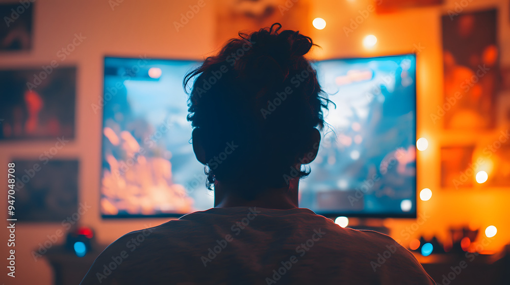 Gamer in dimly lit room intensely focused on new video game release on large curved monitor, surrounded by gaming posters and LED lights, hands on controller in immersive experience Gamer in dimly lit room intensely focused on new video game release on large curved monitor, surrounded by gaming posters and LED lights, hands on controller in immersive experience