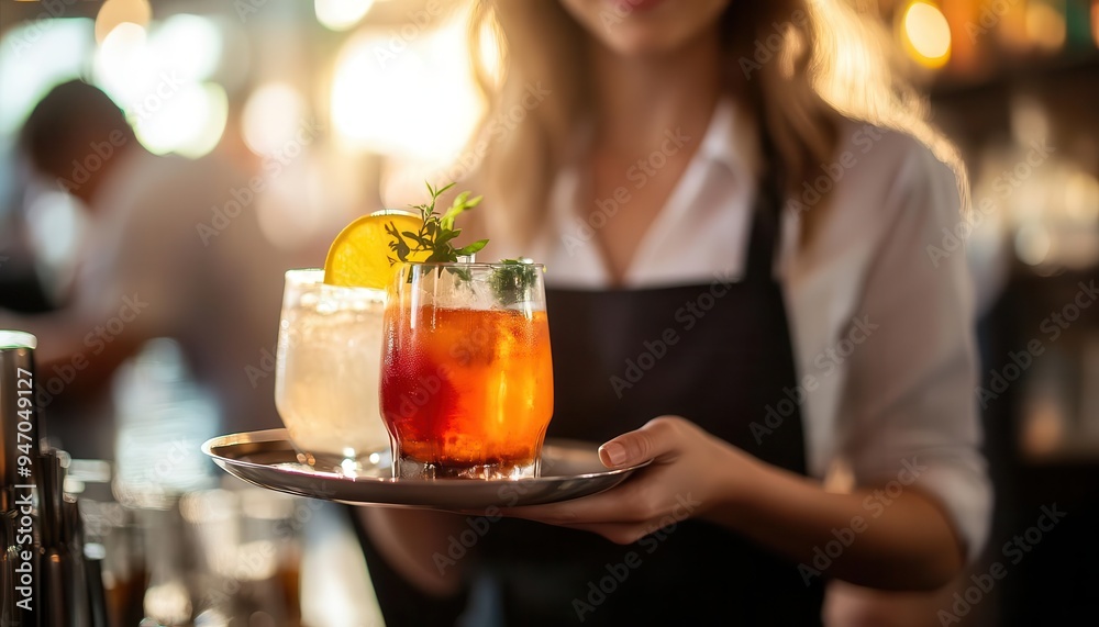 Waitress carrying a tray with drinks, serving customers in a busy restaurant Waitress carrying a tray with drinks, serving customers in a busy restaurant