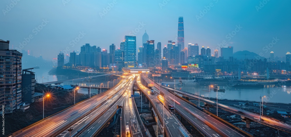 Fototapeta premium Cityscape with Expressway and River