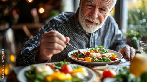 Well-being in retirement, a close-up of a healthy senior enjoying a nutritious meal, surrounded by financial planning materials