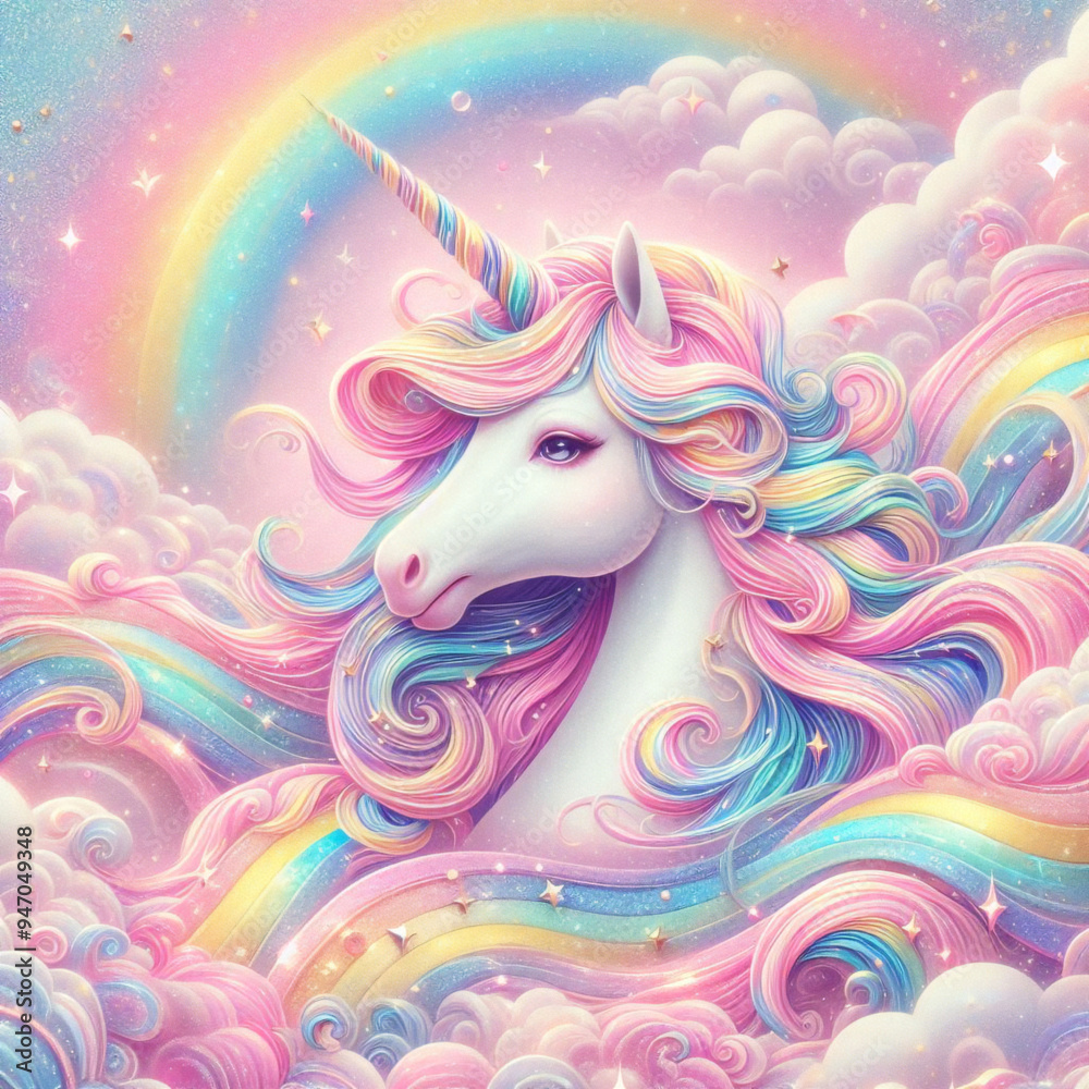 Rainbow unicorn pastel background with glitter stars. Pink fantasy sky. Holographic space with bokeh. Fairy iridescent gradient backdrop. Vector	