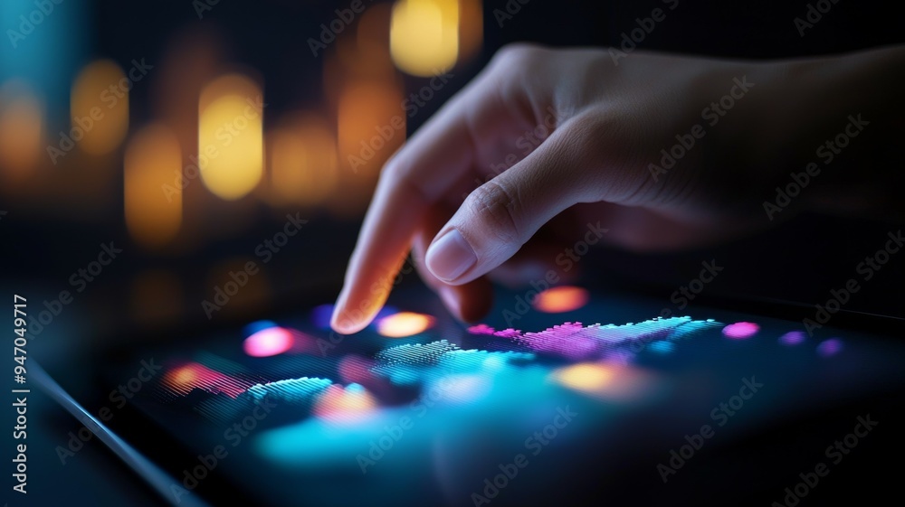 A hand is pointing at a screen with a colorful pattern