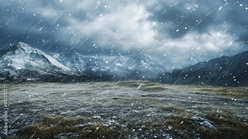 Stormy mountain landscape with snow falling, capturing the beauty and power of nature in a dramatic, wintry scene. photo